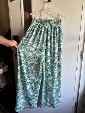 Pink Lily Green Leaf Print Jumpsuit